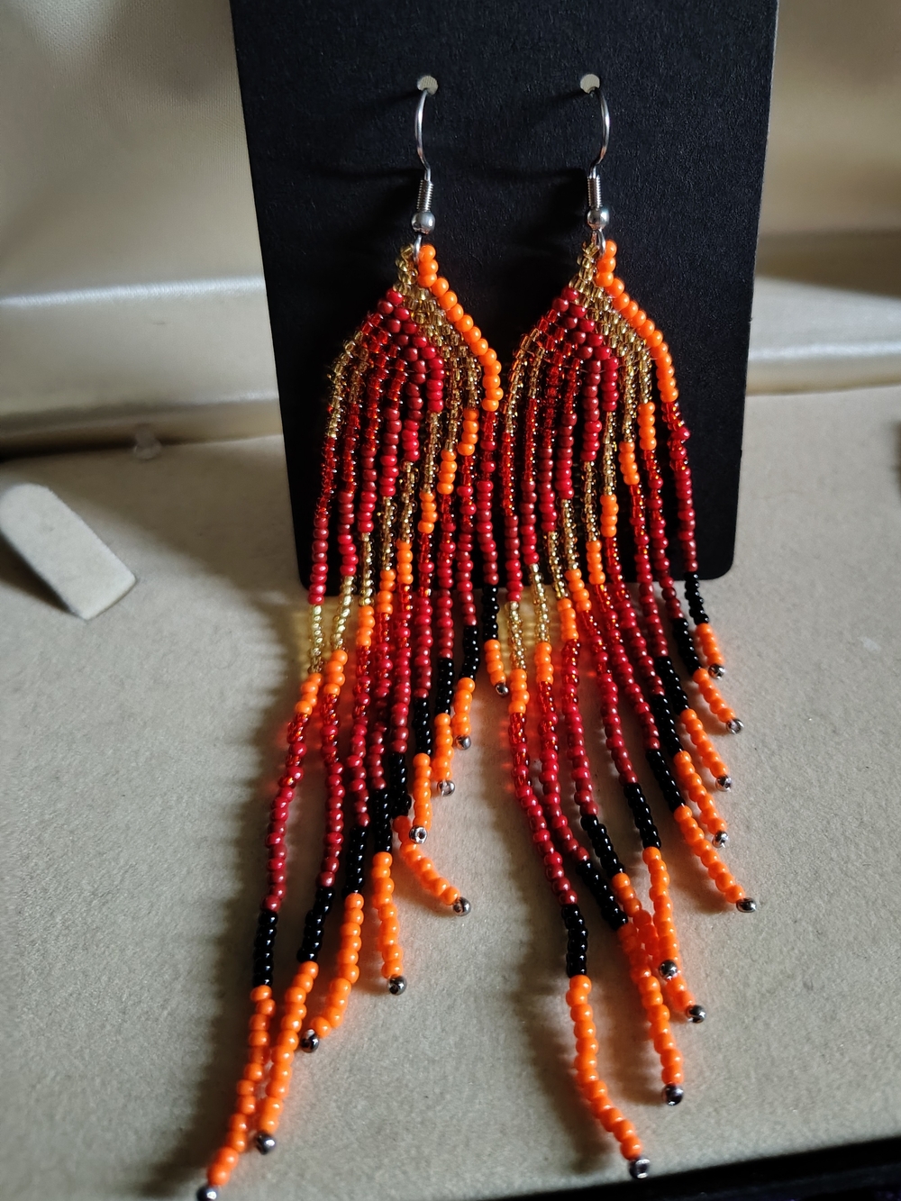 🔥New Handmade Beaded Fringe Dangle Earrings Fire Colors🔥